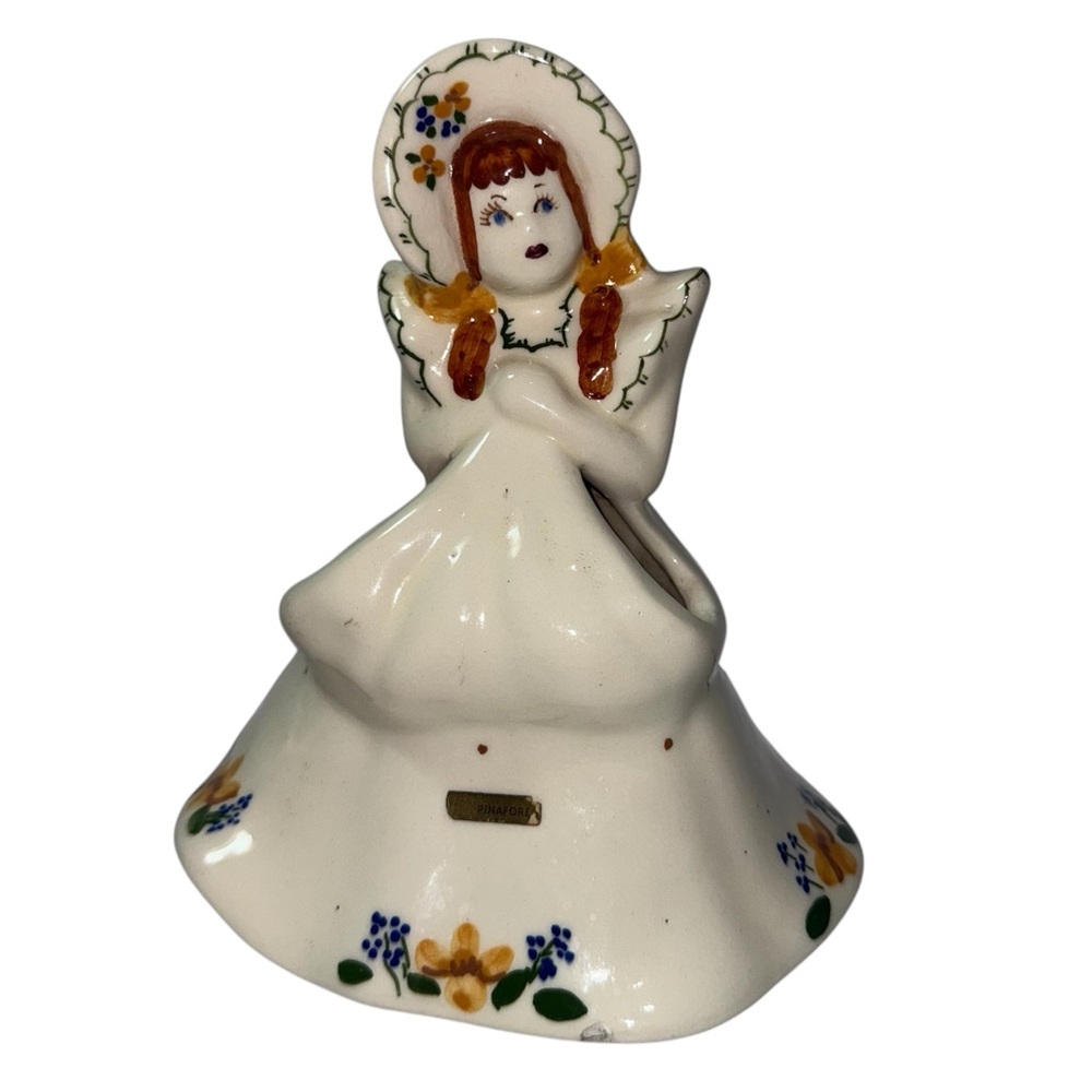 Vintage Ceramic 7 1/4" Tall Girl Holding Flower Basket Planter Pocket Vase